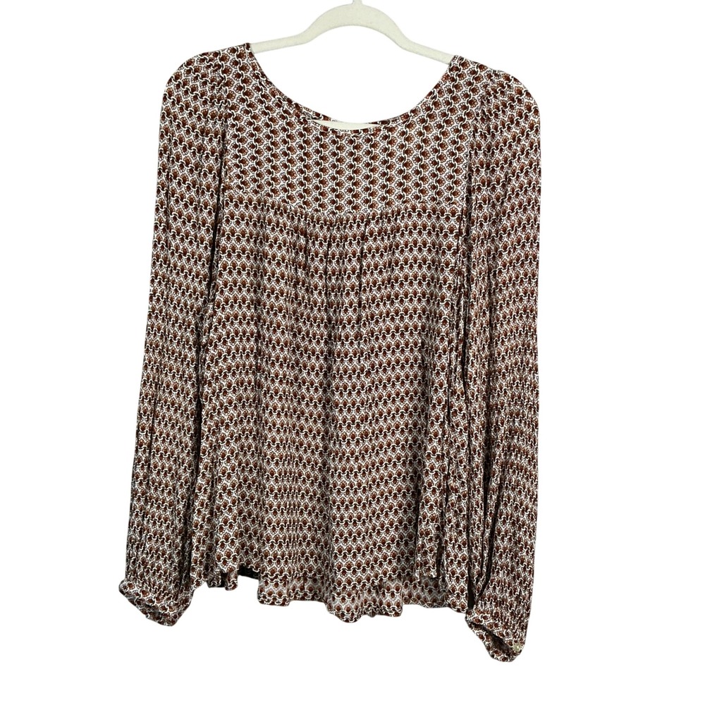 LOFT Women Large Rust Floral Medallion Long Sleeve Peasant Blouse Keyhole Back